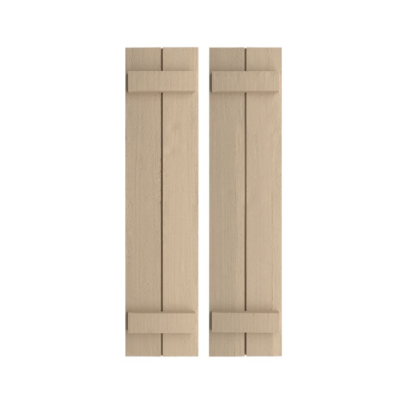 Rustic Two Board Joined BoardnBatten Faux Wood Shutters (Per Pair), Primed Tan On Sale Bed
