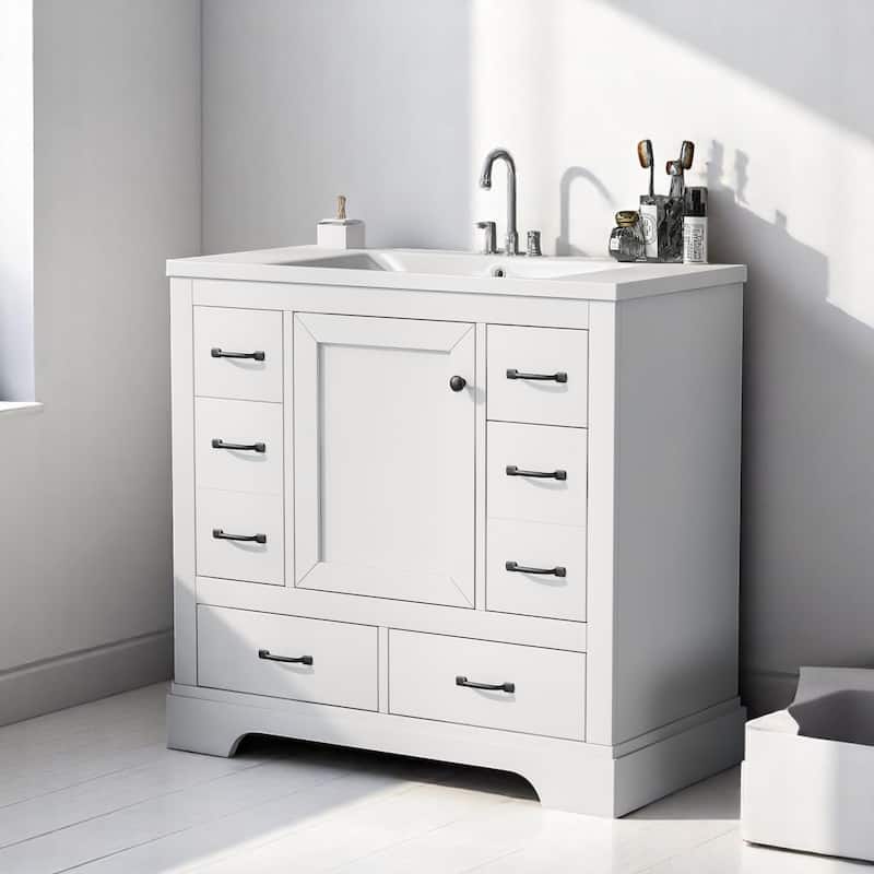 36" Freestanding Bathroom Vanity with Ceramic Sink, 6 Drawers, Soft Close Cabinet, Solid Wood and MDF Construction - White