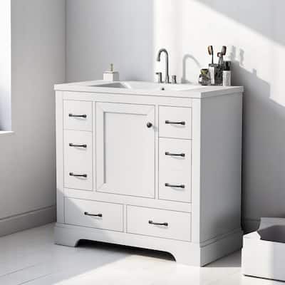 36" Freestanding Bathroom Vanity with Ceramic Sink, 6 Drawers, Soft Close Cabinet, Solid Wood and MDF Construction