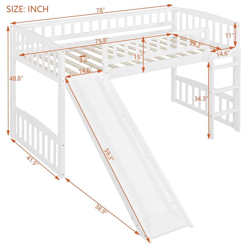 Twin Loft Bed with Slide and Reversible Ladder, Wooden Frame with Guardrails and Open Underbed Play Space