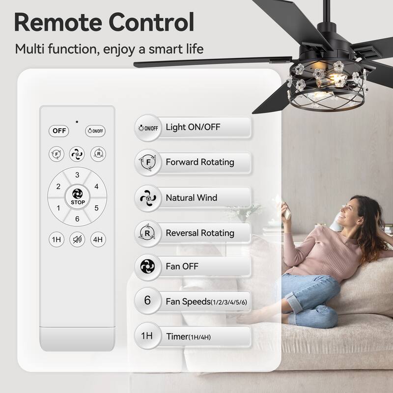 52" Black Wood Modern Floral Indoor Ceiling Fan Chandelier with Remote