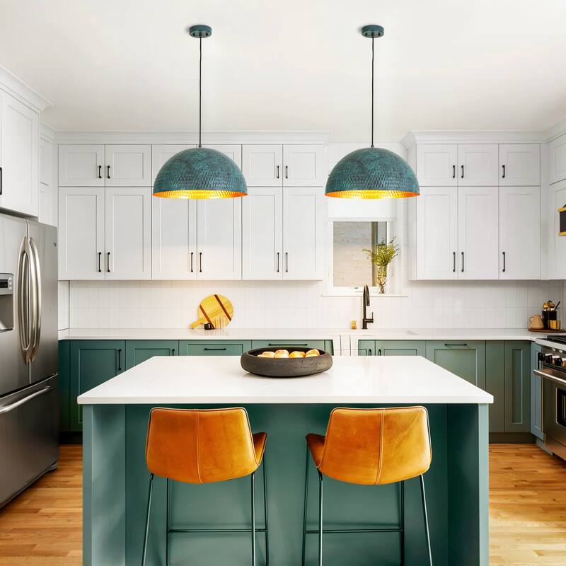 19.7" 1-Light Modern Industrial Black/Green Hand-Hammered Iron Dome Pendant Light for Dining Room