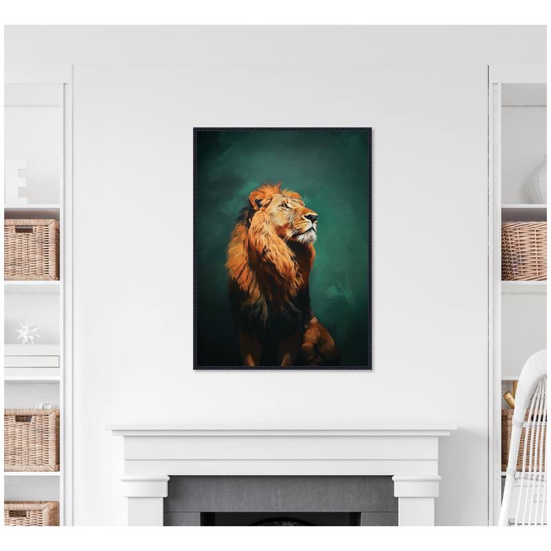 Kate and Laurel Twilight Turquoise Jade Lion by The Creative Bunch Studio Framed Canvas Wall Art Print