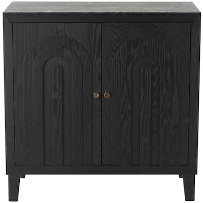 Wooden Geometric Art Deco Inspired Carved Arch 2 Door Cabinet with Gold Knobs - Black - Roche River Decor