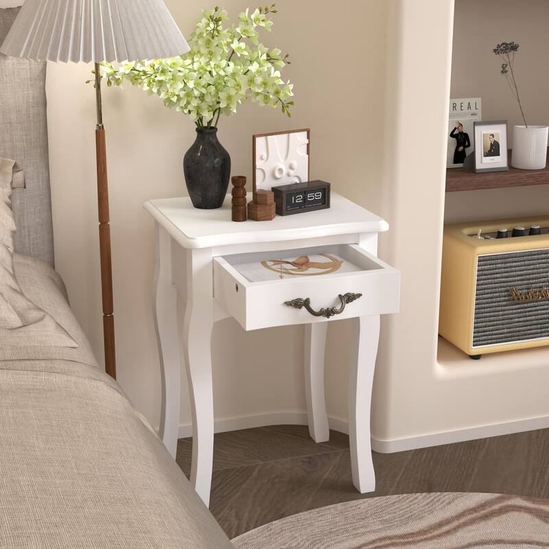 White Living Room Floor-standing Storage Table with a Drawer, 4 Curved Legs