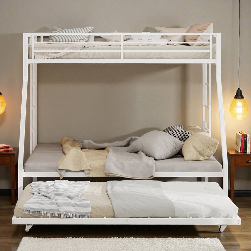 Full Size Metal Bunk Bed with Ladder and Rolling Trundle, Square Tube Frame, Heavy-Duty Triple-Sleeper for Home or Dorm
