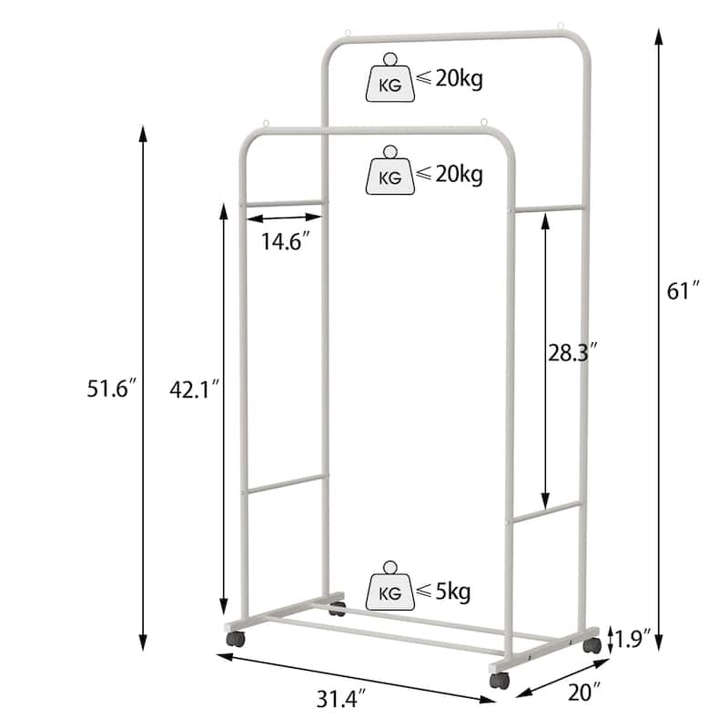 Heavy Duty Clothes Rack Double Rod Clothing Stand with Shelf - 31.4x20x61 inch
