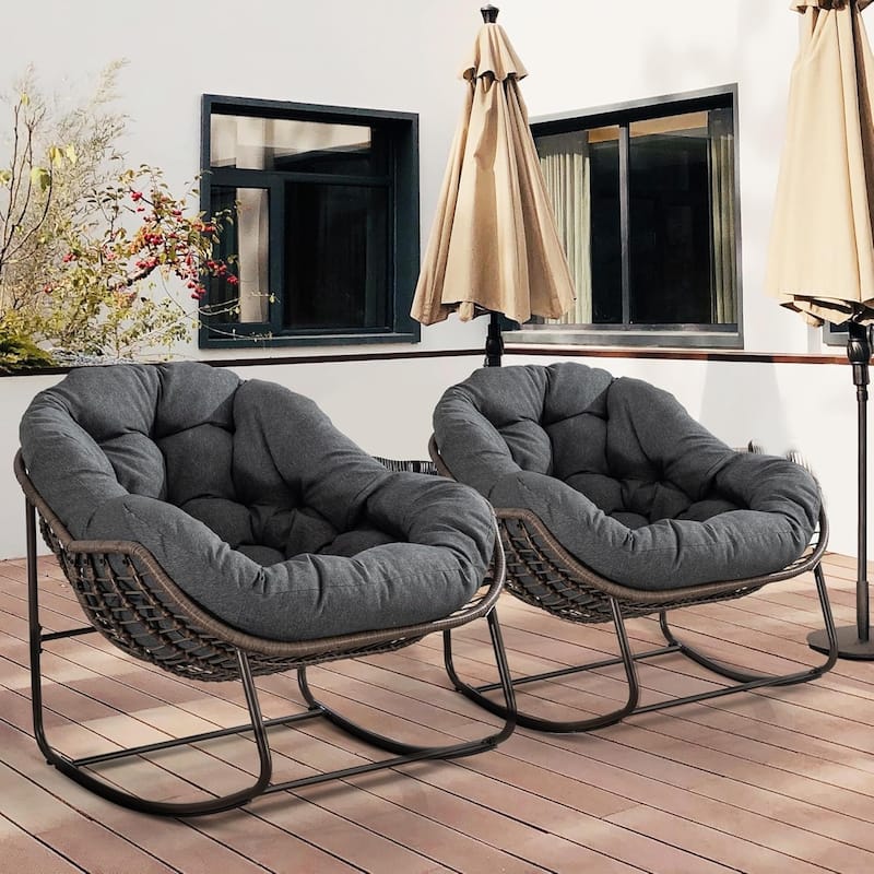 Outdoor Rattan Rocker Recliner Chair With Polyester Padded Cushion （set of 2）