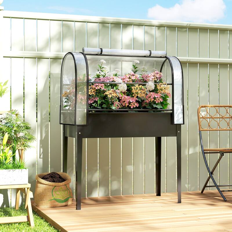 Outsunny Raised Garden Bed with Flip-Up Greenhouse Cover, Metal Elevated Garden Bed, 39.4" x 19.3" x 53.5" - Black