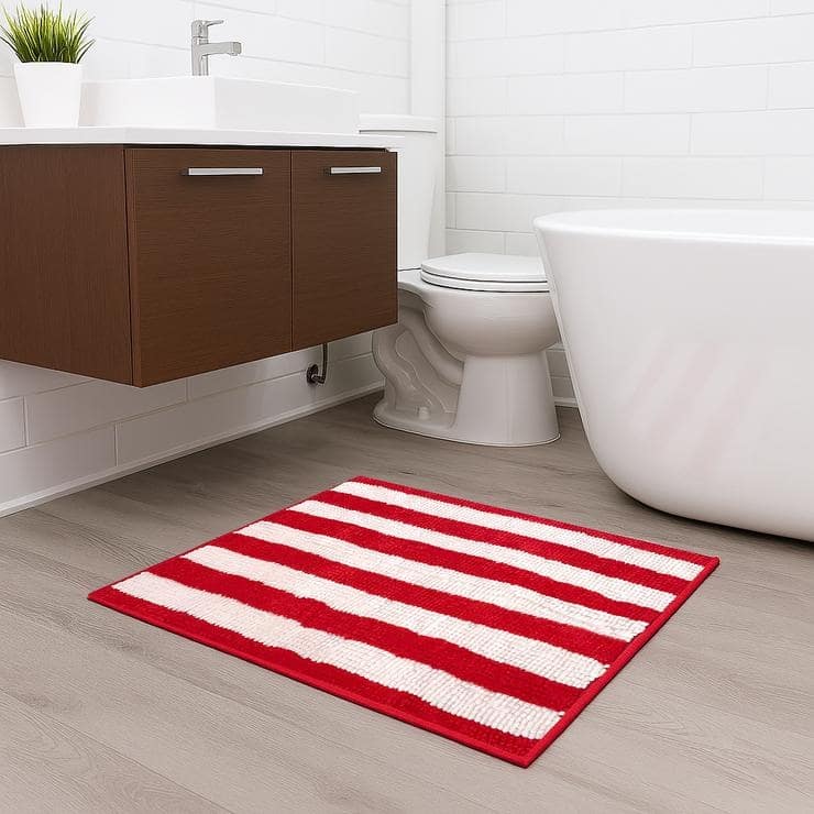 Large Red White Stripe Soft Cozy Plush Chenille Bath Mat Bathroom Rug - 36" x 24"