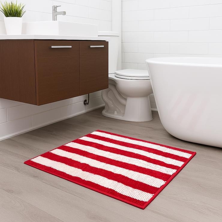 Large Red White Stripe Soft Cozy Plush Chenille Bath Mat Bathroom Rug - 36" x 24"