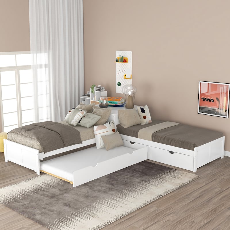 3-in-1 Twin L-Shaped Bed with Desk, Trundle, and Storage Drawers - Space-Saving Design - White