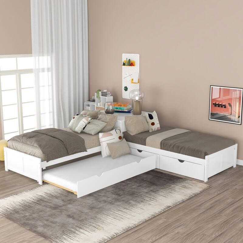 Solid Wood L-Shaped Bed with Trundle, Desk & Drawers - 3-in-1 Sleeping and Study Area - White
