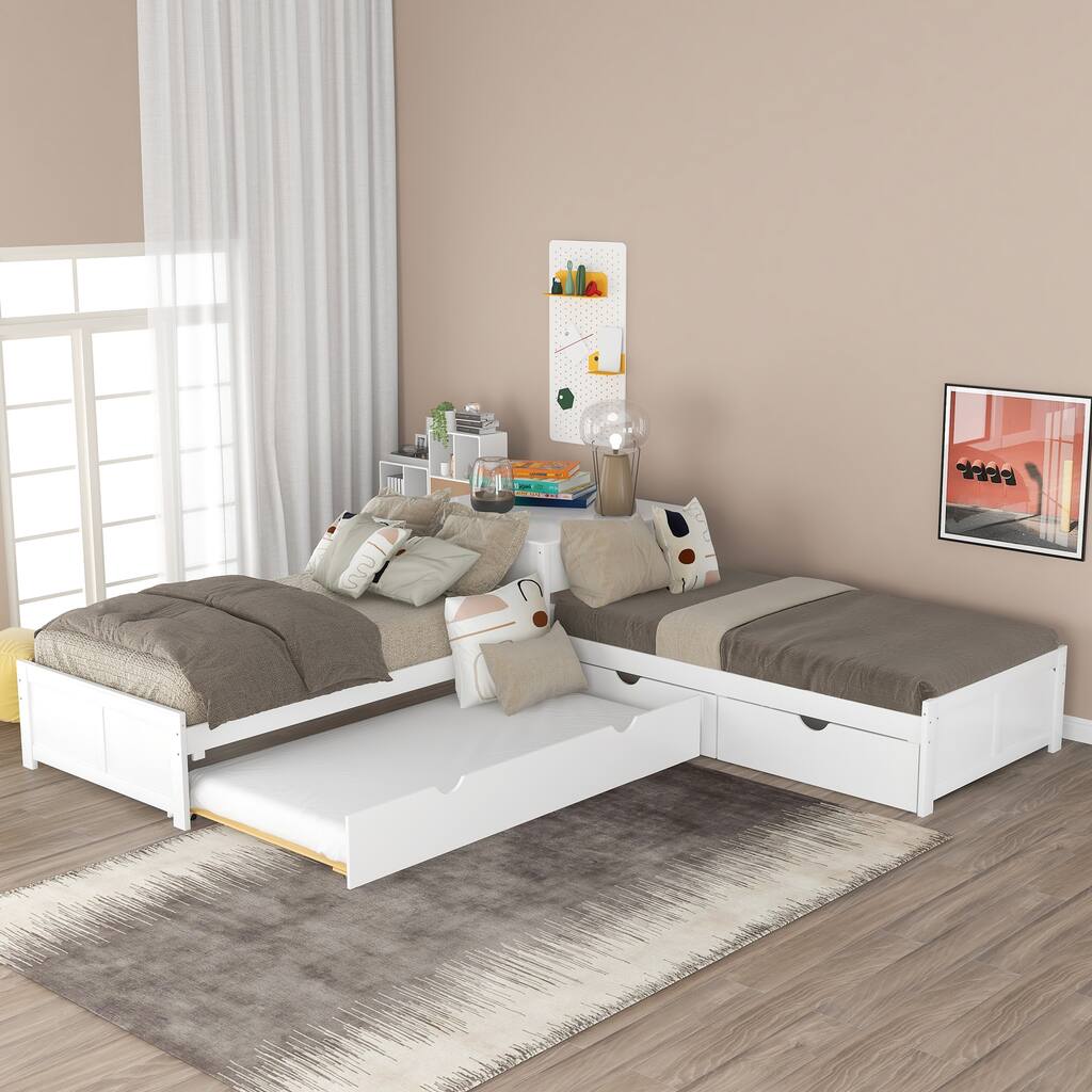 White L-Shaped Platform Bed with Trundle and Drawers Linked with Built-in Desk, Twin