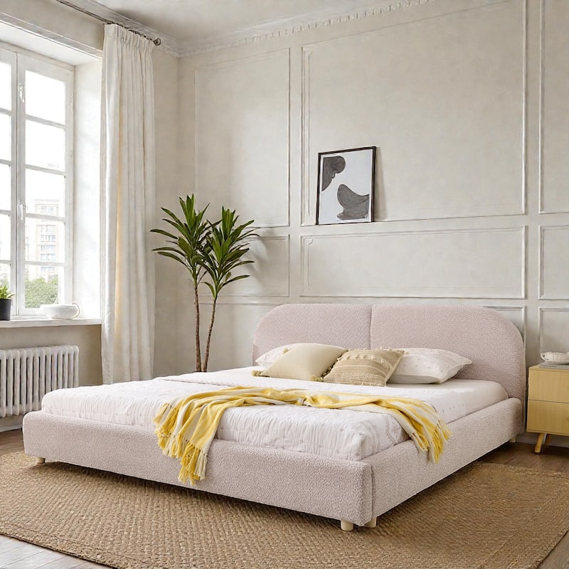 Upholstered Bed Frame with Tall Curved Headboard, Premium Circle Yarn Fabric, Modern Minimalist Platform Bed - Pink - King