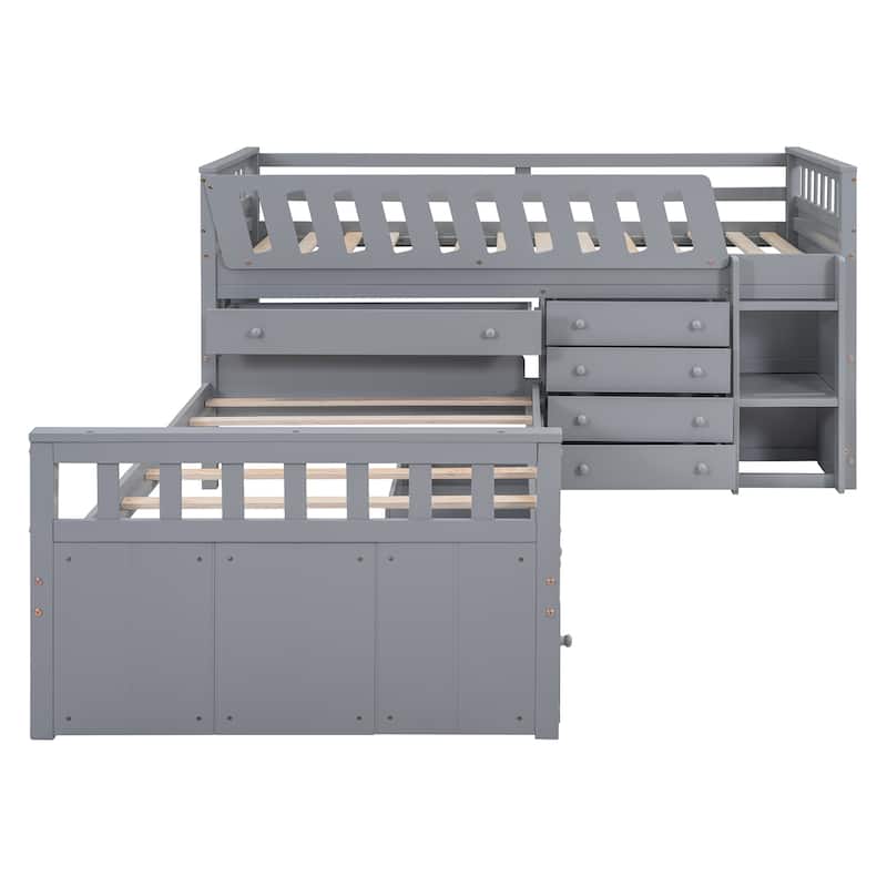 Gray Twin Size Solid Wood L-shaped Loft Bed with Drawers