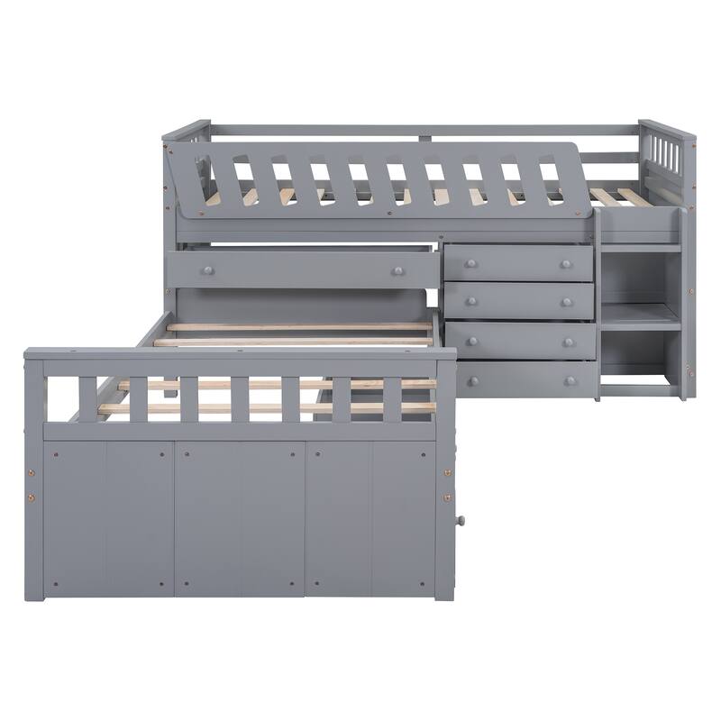 L-shaped Space-Saving Twin Loft and Twin Platform Bed with 7 Drawers and Full Guardrails(GRAY)