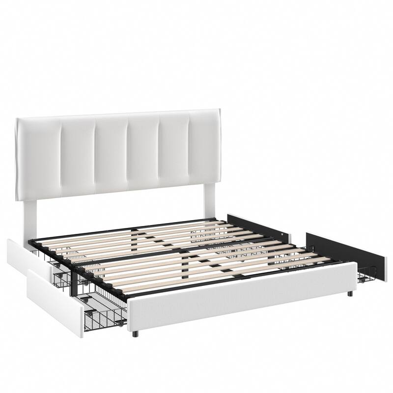 White Bed Frame with 4 Storage Drawers, Upholstered Platform Bed Frame with Adjustable Headboard