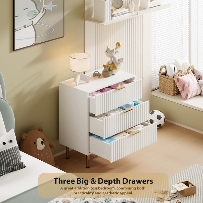 Fluted 3 Drawer Dresser for Bedroom, Modern Wooden Chest with Deep Drawers and Wide Top