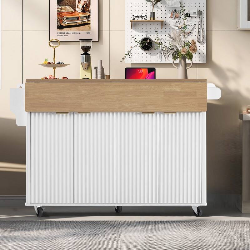 Modern 55.5" Fluted Kitchen Island with Drop Leaf, Kitchen Storage Cart on 5 Wheels with Power Outlet, Spice rack,Curved Edge