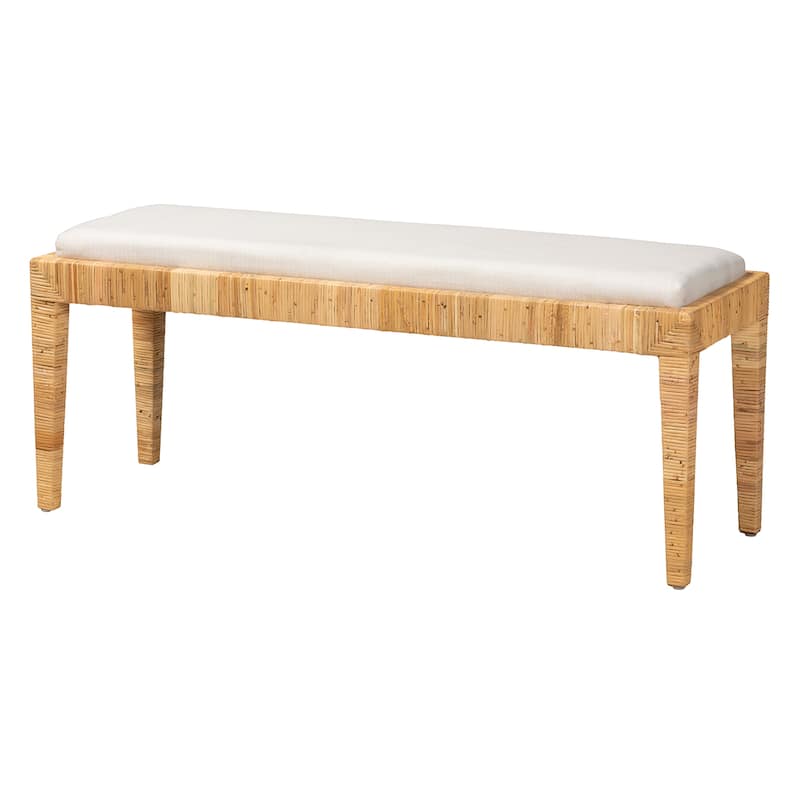 Sofia Modern Bohemian Natural Brown Rattan and Mahogany Wood Bench - White, Natural Brown