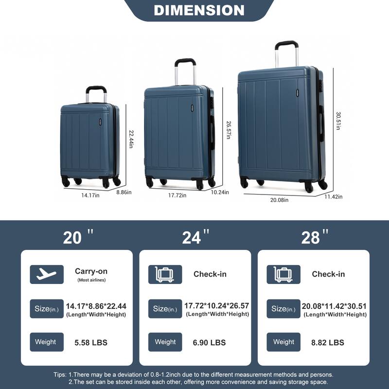 9-Piece Set ABS+PC Hardshell Carry on Luggage Set with bags