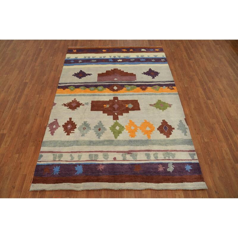 Vegetable Dye Geometric Gabbeh Turkish Area Rug Handmade Wool Carpet - 8' 9'' X 6' 0''