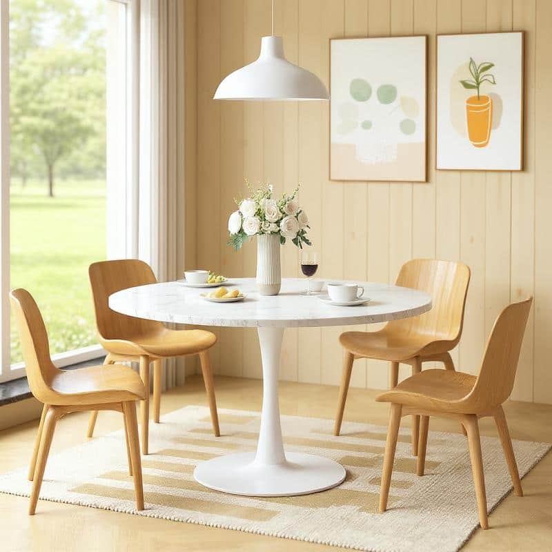 Grondin Mid-Century Modern Round Kitchen or Dining Table with Premium MDF Top and Steel Pedestal Base for Dining Room - Marble White-42.12"Dia