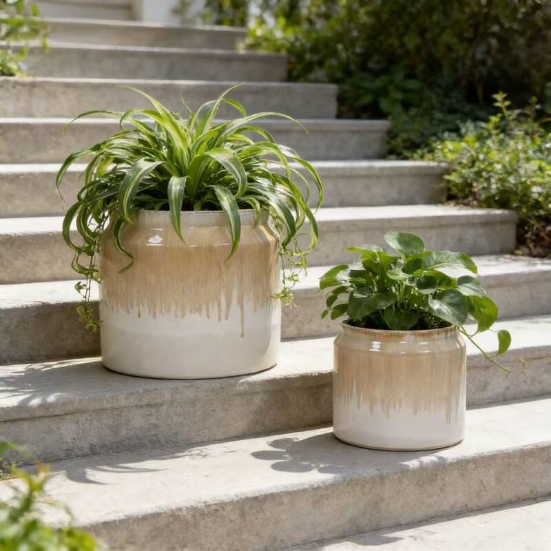 Elegant Ombre Glaze Non-Porous Ceramic Planters Pot for Aquatic Plants - Brown+White
