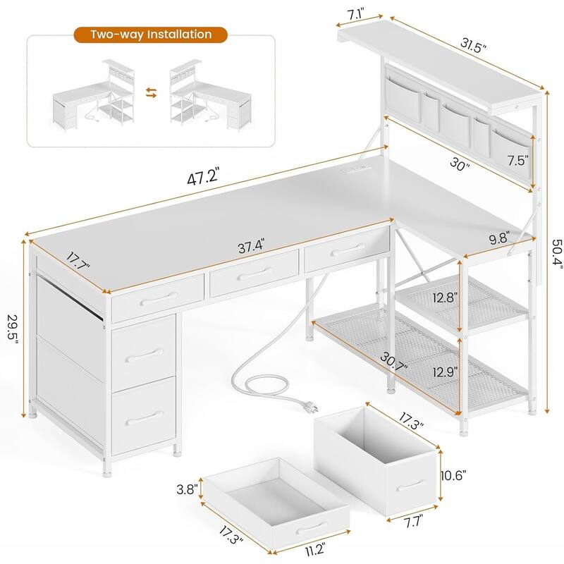 L Shaped Computer Desk 5 fabric Drawers Gaming Desk Storage Shelf