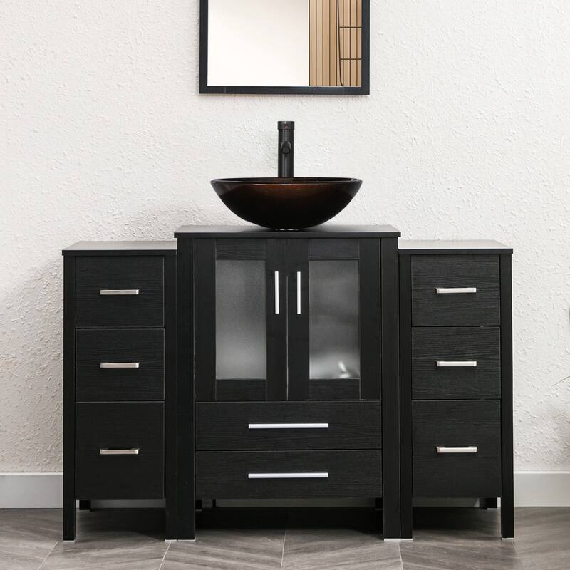 48" Bathroom Vanity Set Vessel Sink Faucet W/ Small Cabinet Combo - brown round sink - Black