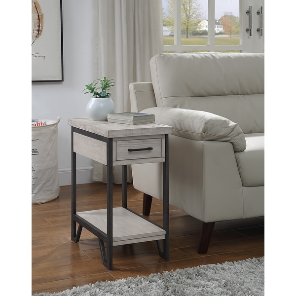 Hatfield Industrial 12 Inch Metal 1 Shelf 1 Drawer Compact End Table with USB Ports Antique White