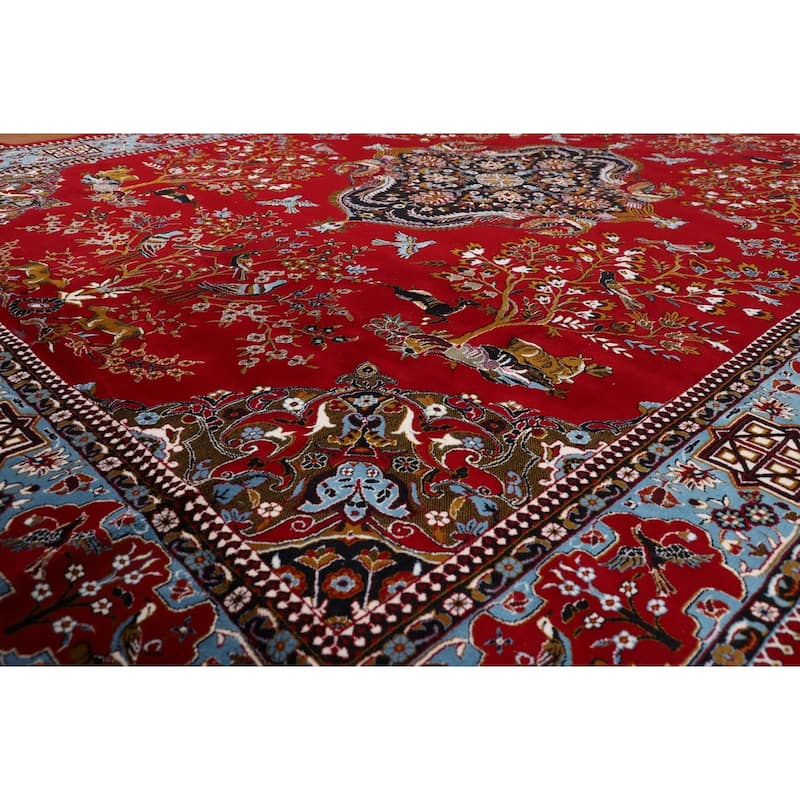 Animals Red Pictorial Kashan Turkish Area Rug Machine Made Carpet - 9'7" x 13'1"