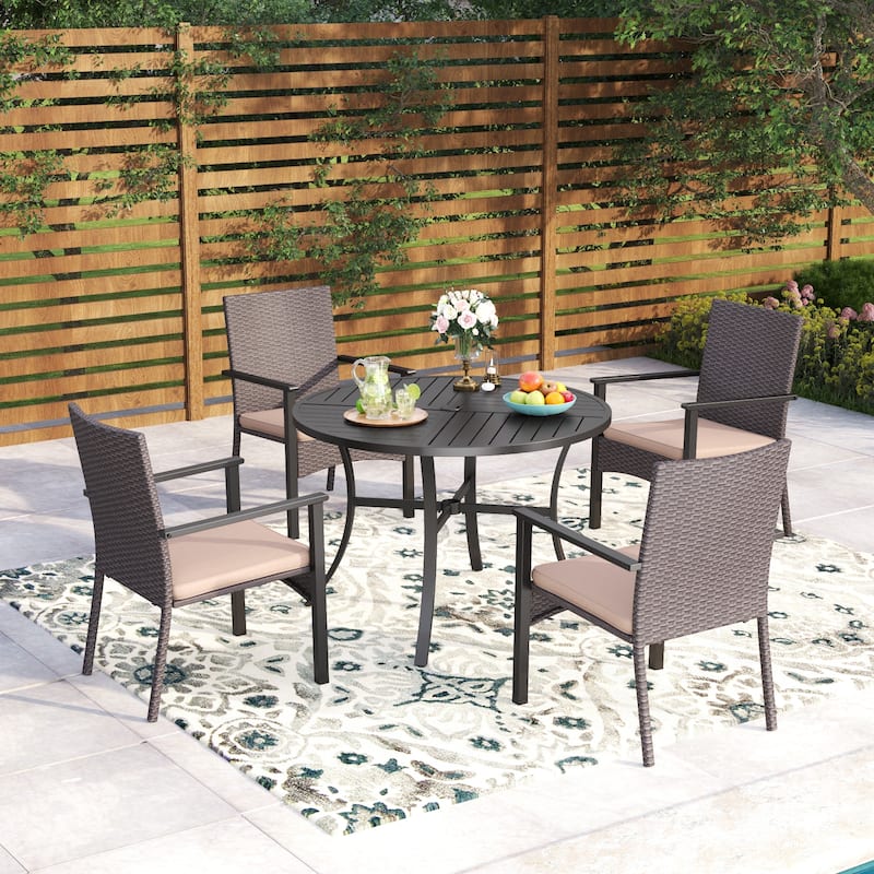 5-Piece Patio Dining Set of 4 Padded Rattan Chairs and 1 Metal Round Table - Brown