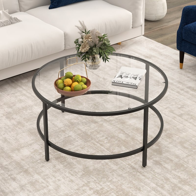 Tempered Glass Round Coffee Table with Metal Frame and 110 lbs Capacity - 35.5" x 35.5" x 18"