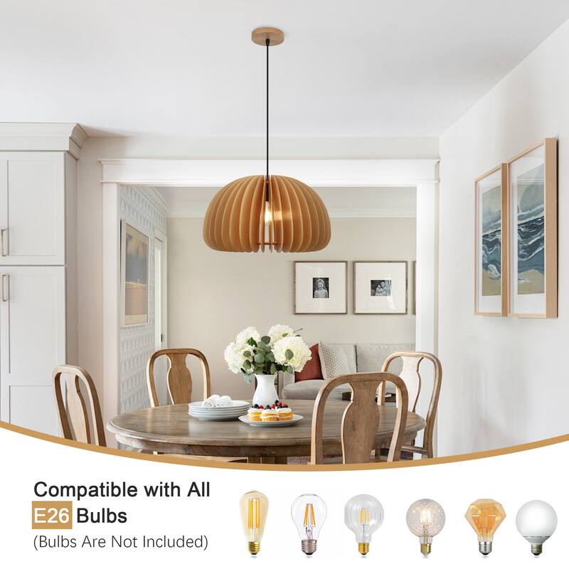 Single-light minimalist wooden pendant lamp with adjustable height