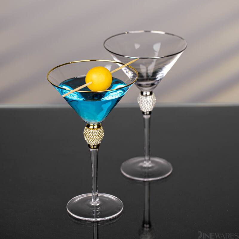 Premium Clear Stem Crystal Martini Glasses with Rim and Diamond-like Rhinestones, Elegant 10oz Glassware Set for Cosmopolitan