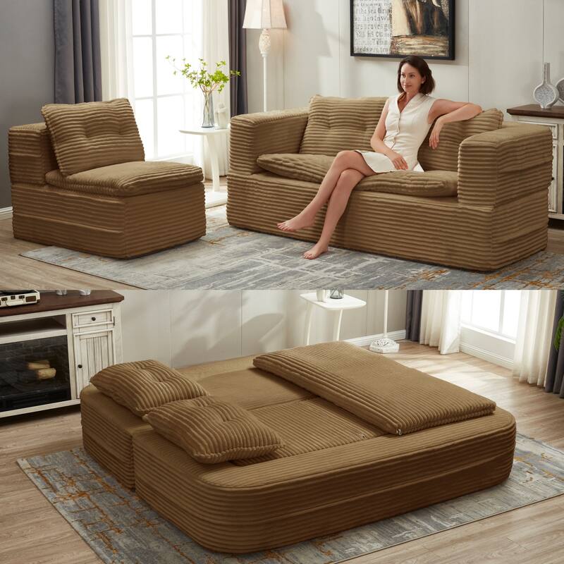 Sofa Bed With Independent Chaise Lounge And Functional Blanket,Convertible Sofa Bed,King Size Bed,Deep Seat - Camel