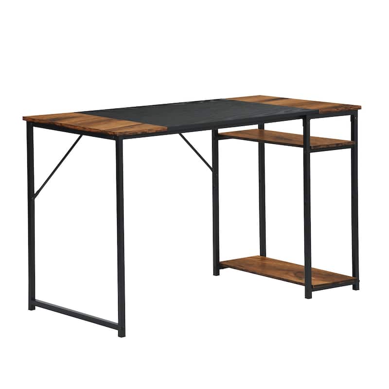 Homylin Industrial Writing Desk with Side Storage Shelves, Black Brown