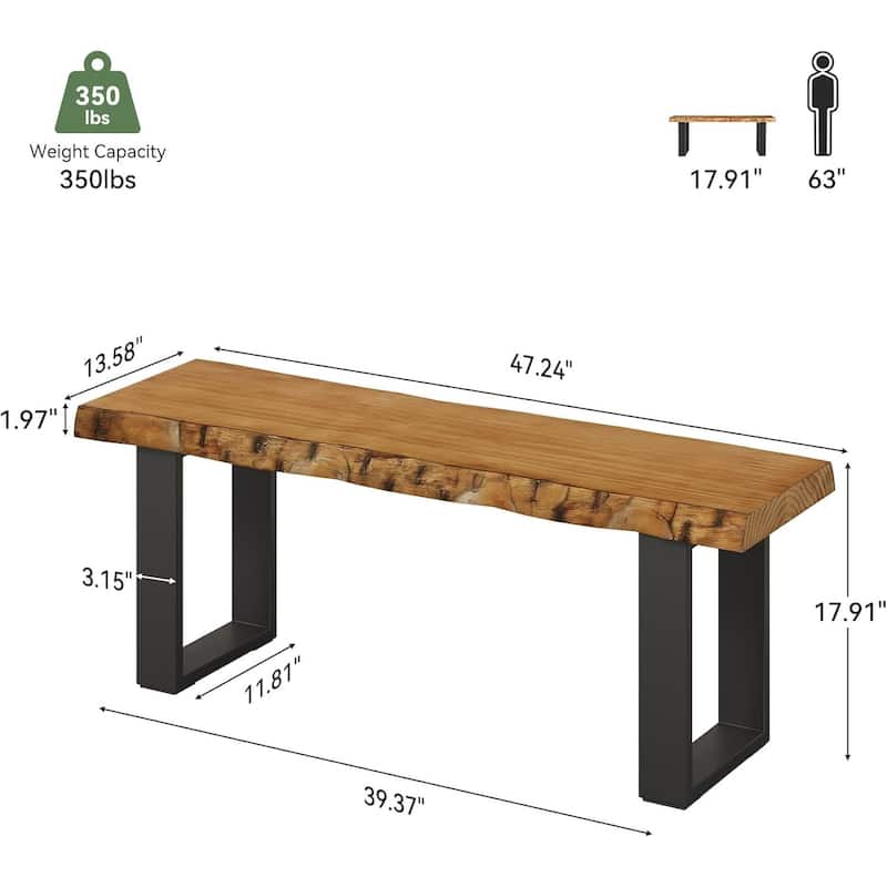 47" Solid Wood Entryway Bench with Metal Legs for Bedroom Living Room Small Space