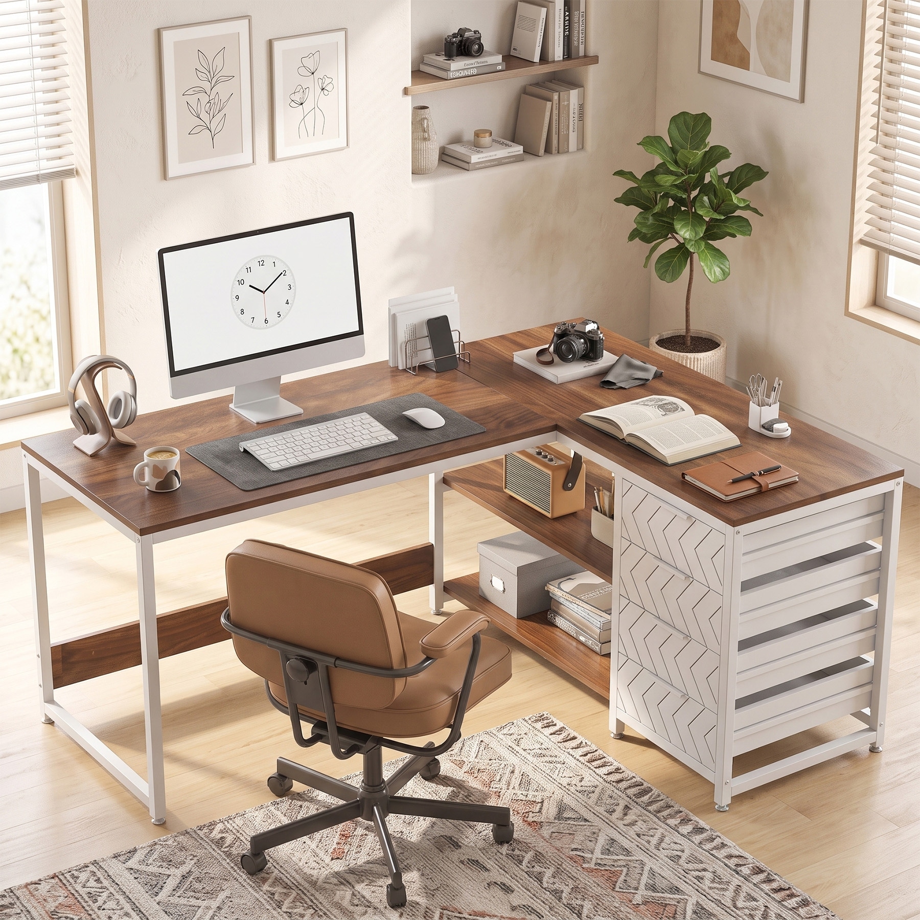 59" L Shaped Computer Office Desk with Storage Drawers