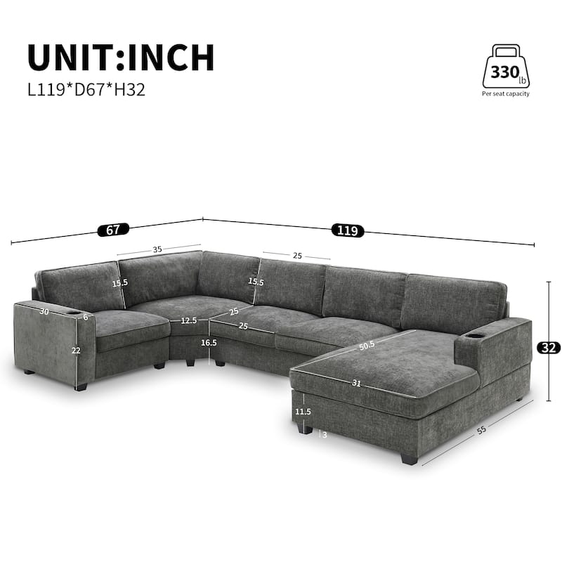 119" U Shaped Sectional Sofa, 6 Seat Oversized Chenille Corner Couch Set with Chaise Lounge and Cup Holders