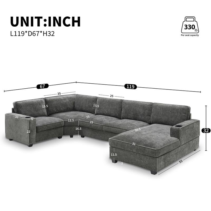 119*67" U Shaped 6 Seat Chenille Sectional Sofa with Chaise and Cup Holders, Gray