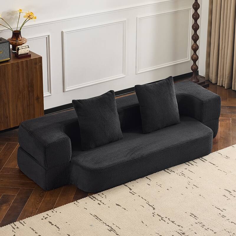 Sectional Sofa With 3 Ottoman Stools - Supportive Foam Fold-Out Bed, Compact Chenille Lounger