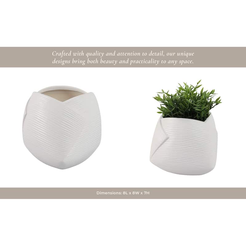 Stoneware Planter Pot Modern Texture Design Home Garden Use - 7" White - 8" x 8" x 7"
