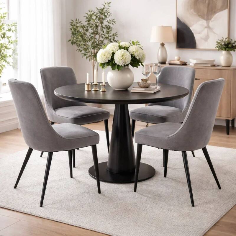 Wils 20 Inch Set of 2 Dining Chairs, Gray Velvet, Black Tapered Metal Legs