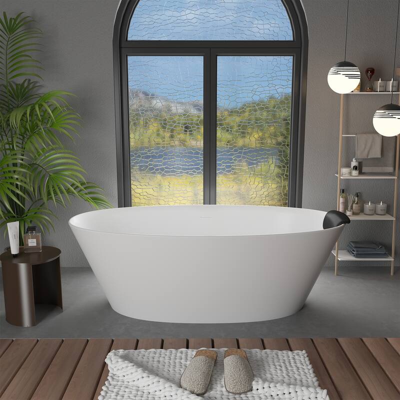 CASAINC 67" Resin Stone Solid Surface Soaking Stand Alone Bathtub Freestanding Bathtub in Matte White - 67 inch