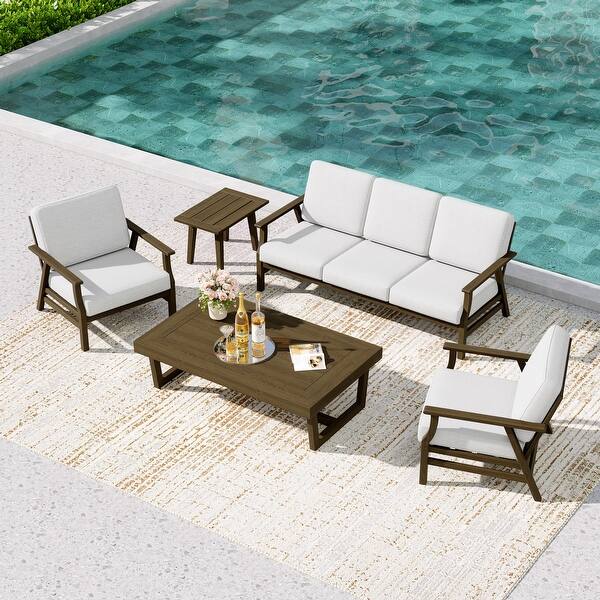slide 2 of 101, 5-Piece Teak Outdoor Conversation Set with Tables.