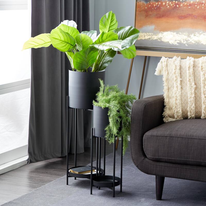 Metal Indoor Outdoor Planter with Lower Shelf and Removable Stand - Set of 2 Black - CosmoLiving by Cosmopolitan