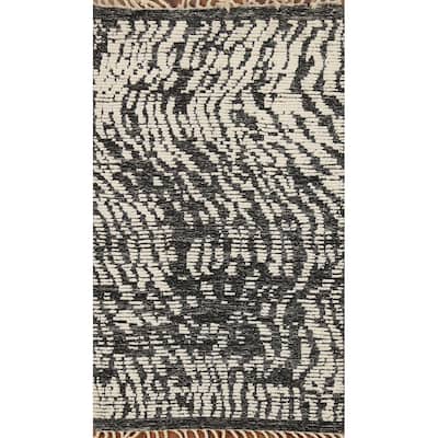 Black & White Moroccan Abstract Rug Hand-Knotted Wool Carpet - 3'0"x 4'11"